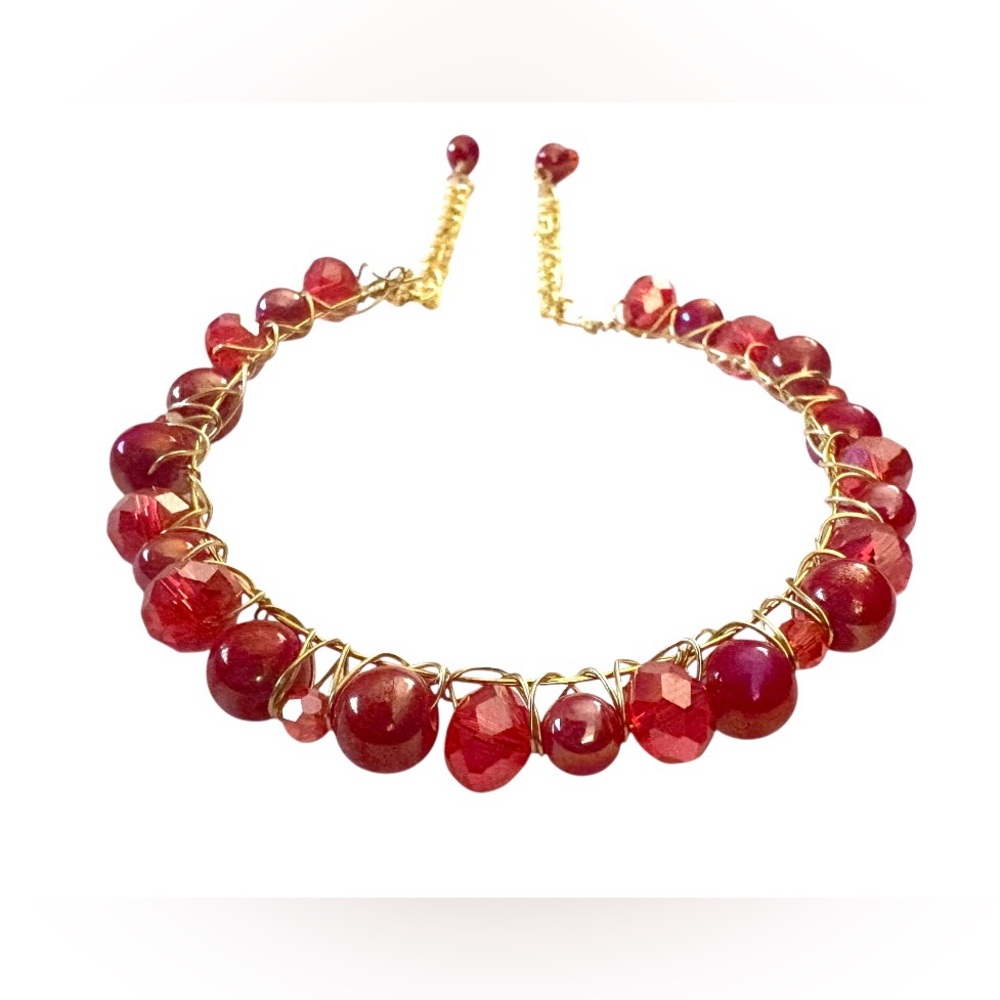 Austrian Crystal Beaded Handwired Bangle Bracelet with Extender Chains in Reds - Picture 2 of 4